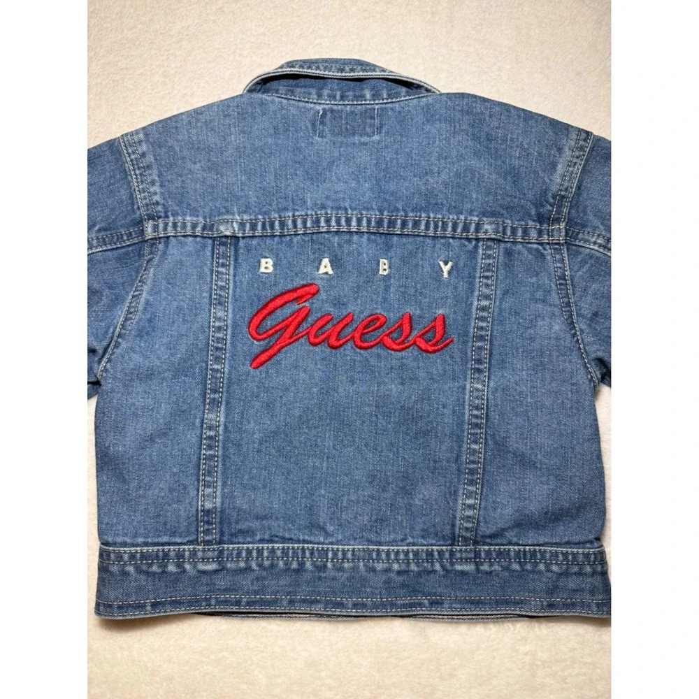 Baby Guess Vintage Denim Jacket Toddler 24M Blue Trucker Embroidered Logo Red